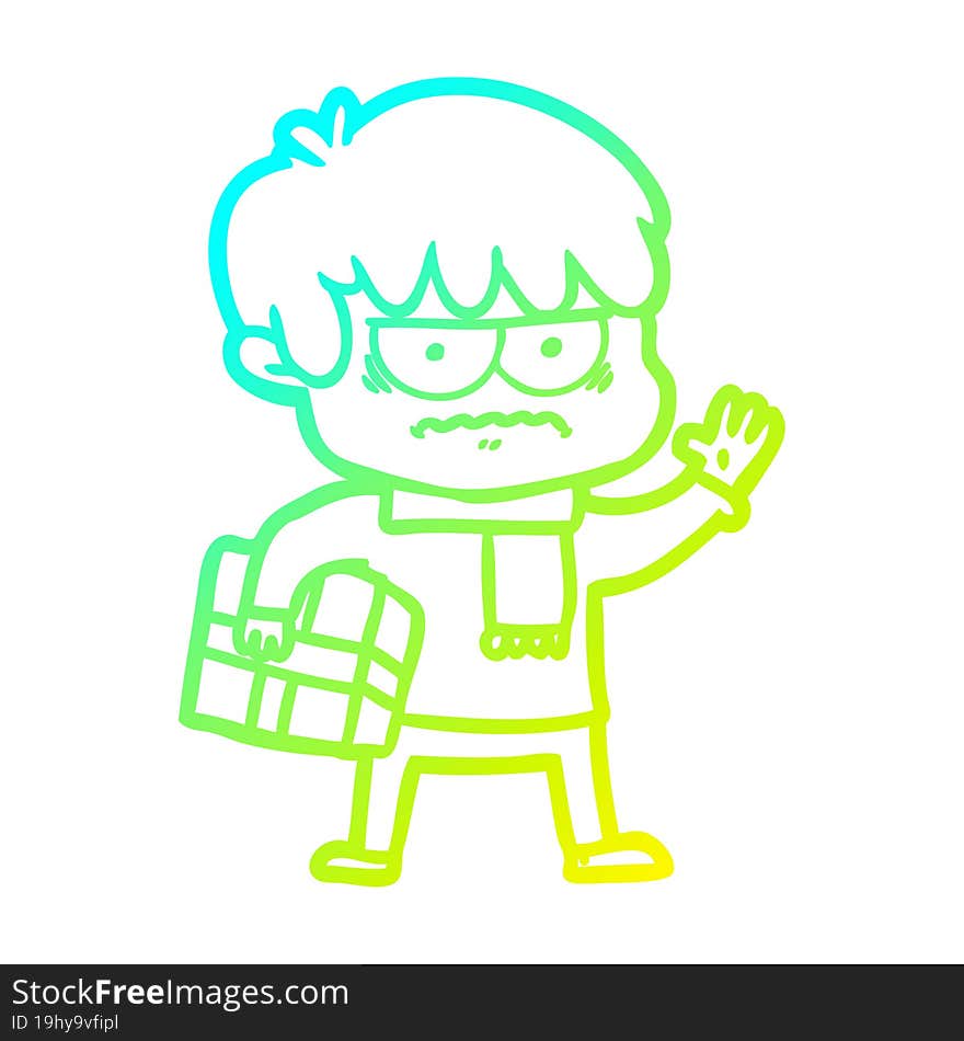 cold gradient line drawing annoyed cartoon boy