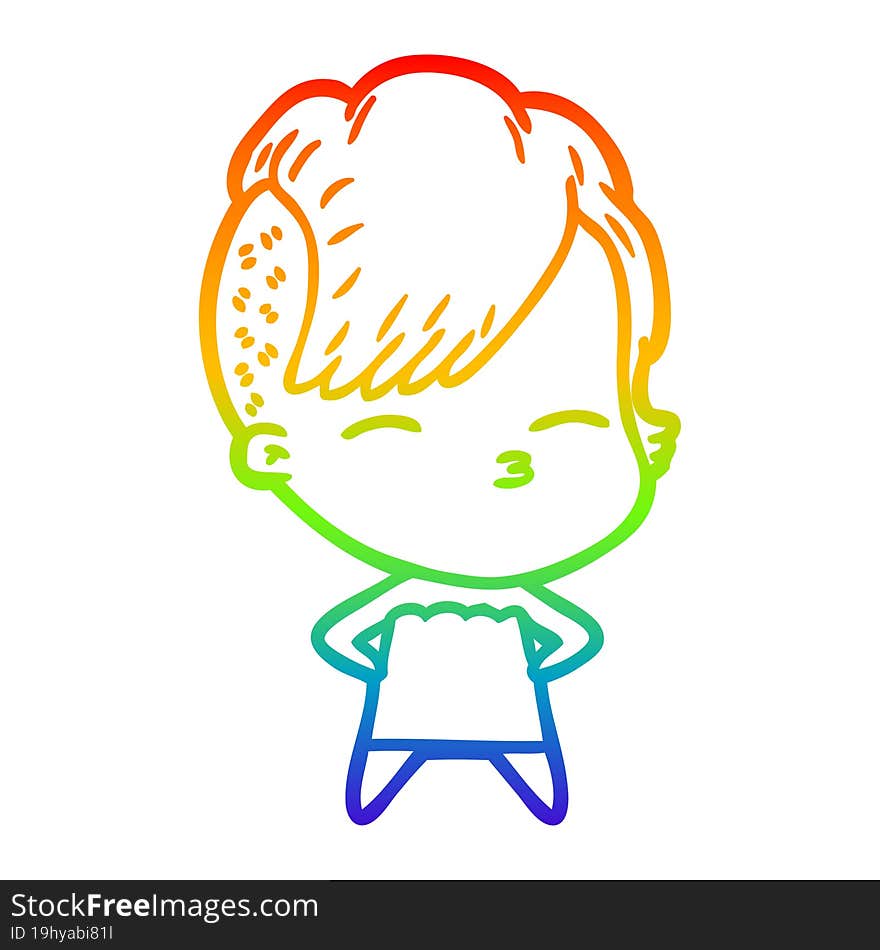 rainbow gradient line drawing of a cartoon squinting girl in dress