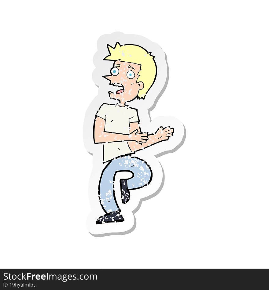 retro distressed sticker of a cartoon stressed out man