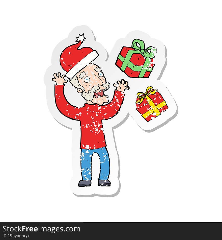 retro distressed sticker of a cartoon old man stressing about christmas