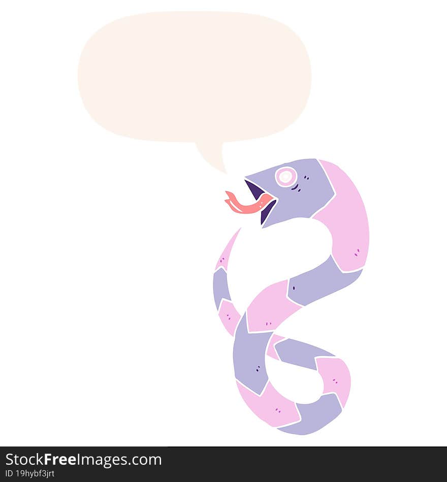 hissing cartoon snake and speech bubble in retro style