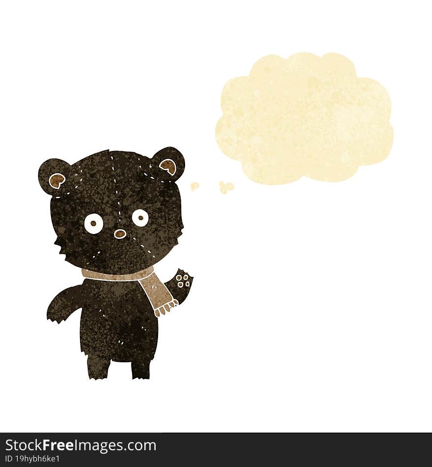 cartoon waving black bear with thought bubble