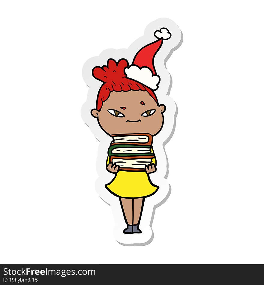 hand drawn sticker cartoon of a woman wearing santa hat