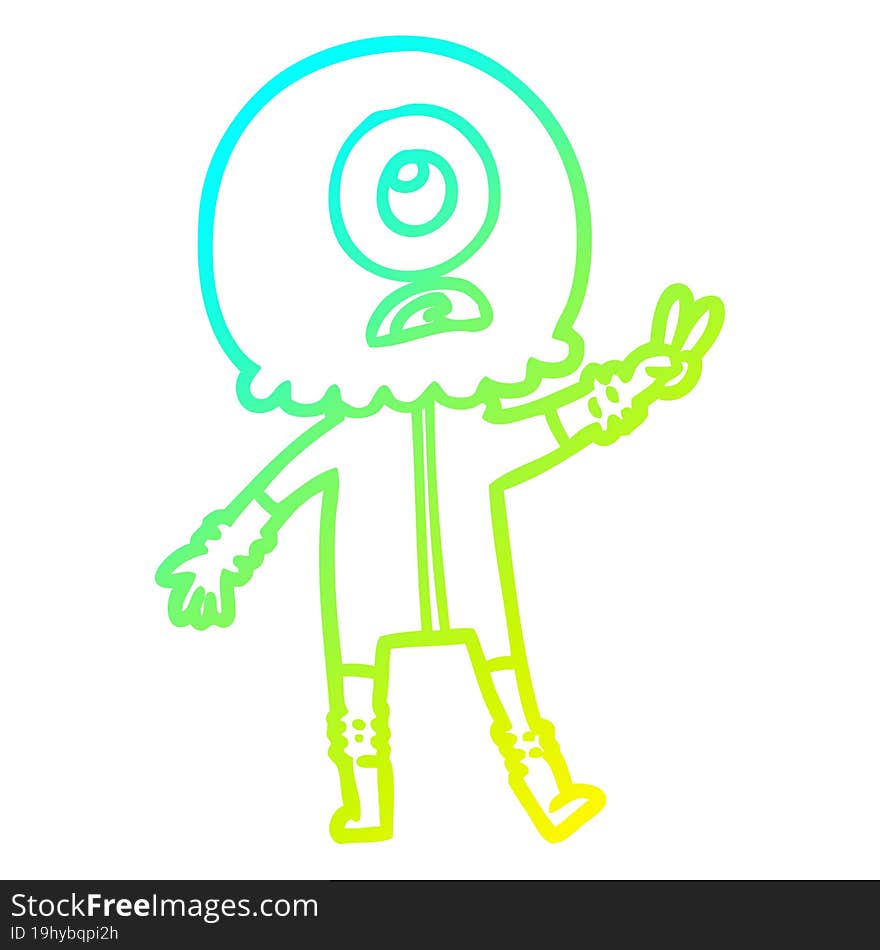 cold gradient line drawing of a cartoon cyclops alien spaceman giving peace sign