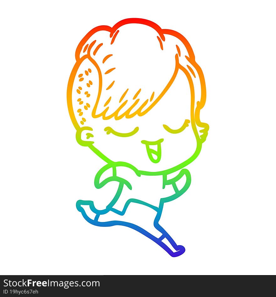 rainbow gradient line drawing happy cartoon girl in futuristic clothes