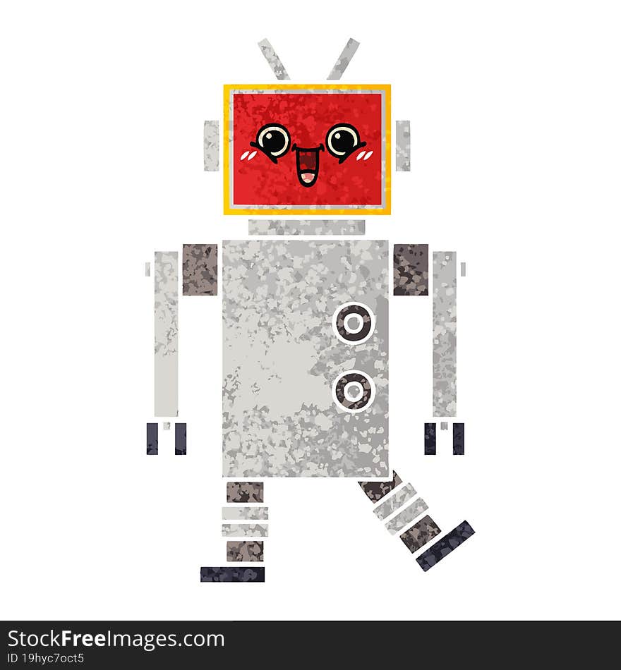 retro illustration style cartoon happy robot