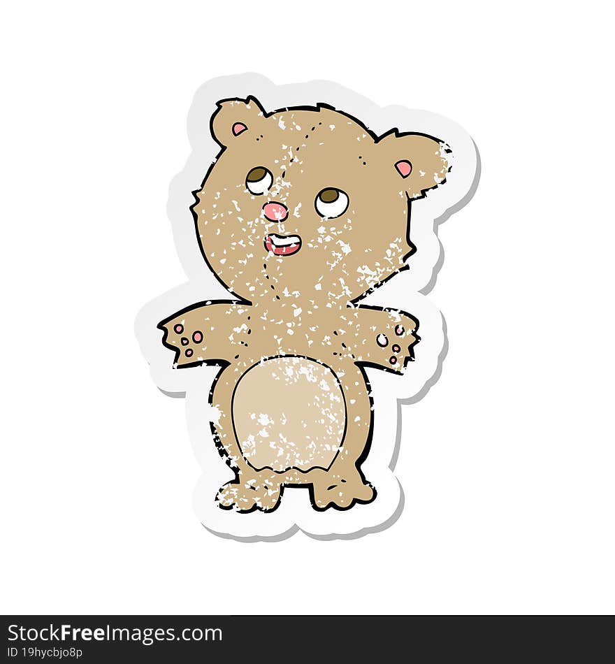 retro distressed sticker of a cartoon happy little teddy bear