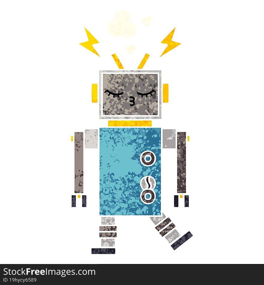 retro illustration style cartoon malfunctioning robot