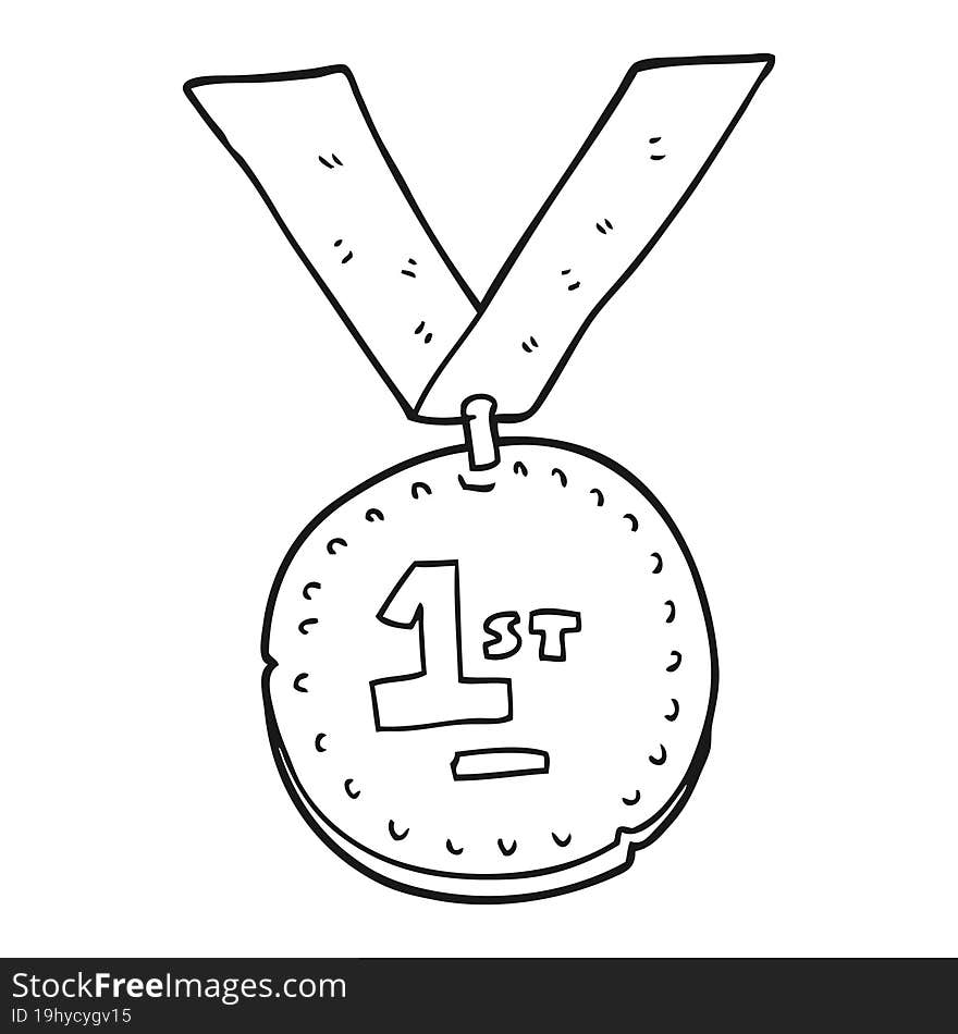 freehand drawn black and white cartoon first place medal