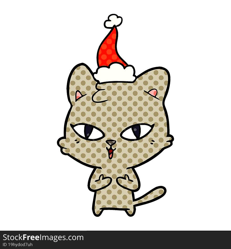 comic book style illustration of a cat wearing santa hat