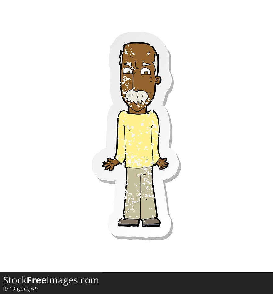 retro distressed sticker of a cartoon dad shrugging shoulders