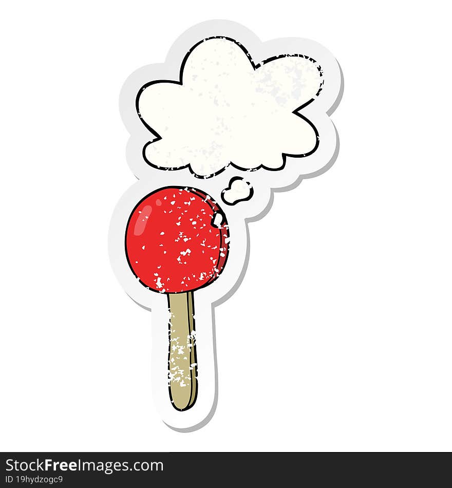 cartoon lollipop and thought bubble as a distressed worn sticker