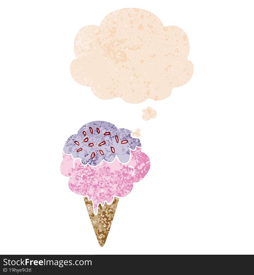 Cartoon Ice Cream And Thought Bubble In Retro Textured Style