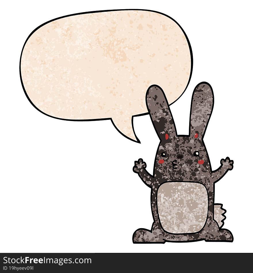 cartoon rabbit with speech bubble in retro texture style