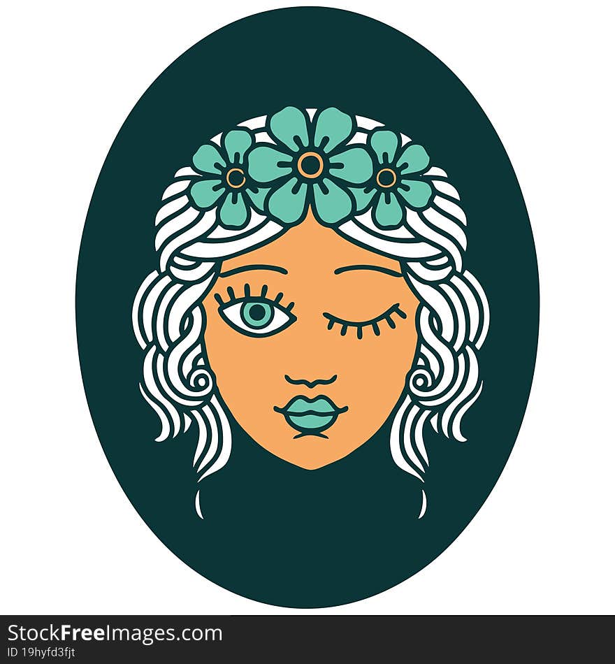 iconic tattoo style image of a maiden with crown of flowers winking. iconic tattoo style image of a maiden with crown of flowers winking