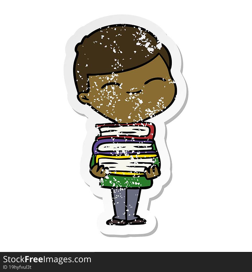 Distressed Sticker Of A Cartoon Smiling Boy With Stack Of Books