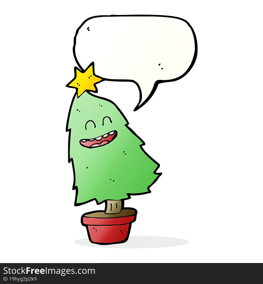 cartoon dancing christmas tree with speech bubble