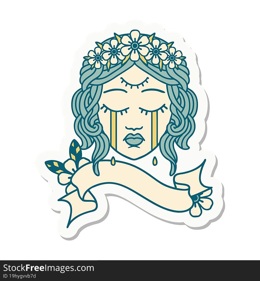 tattoo style sticker with banner of female face with third eye and crown of flowers cyring. tattoo style sticker with banner of female face with third eye and crown of flowers cyring