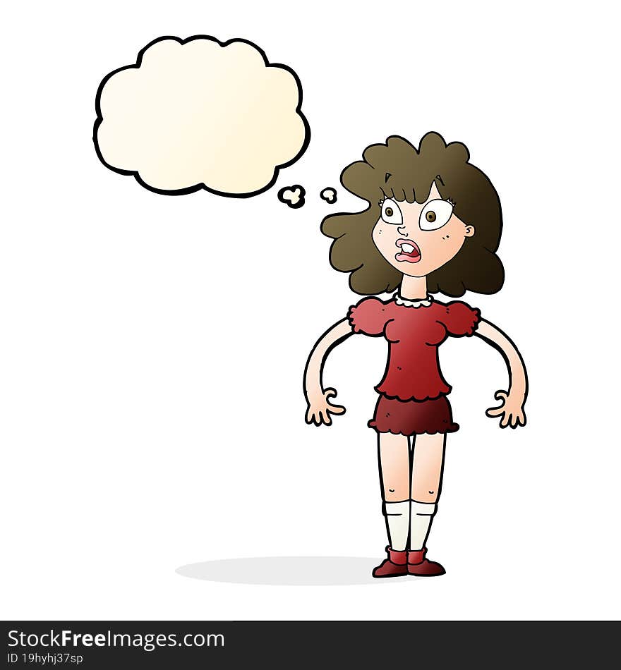 cartoon pretty girl with shocked expression with thought bubble