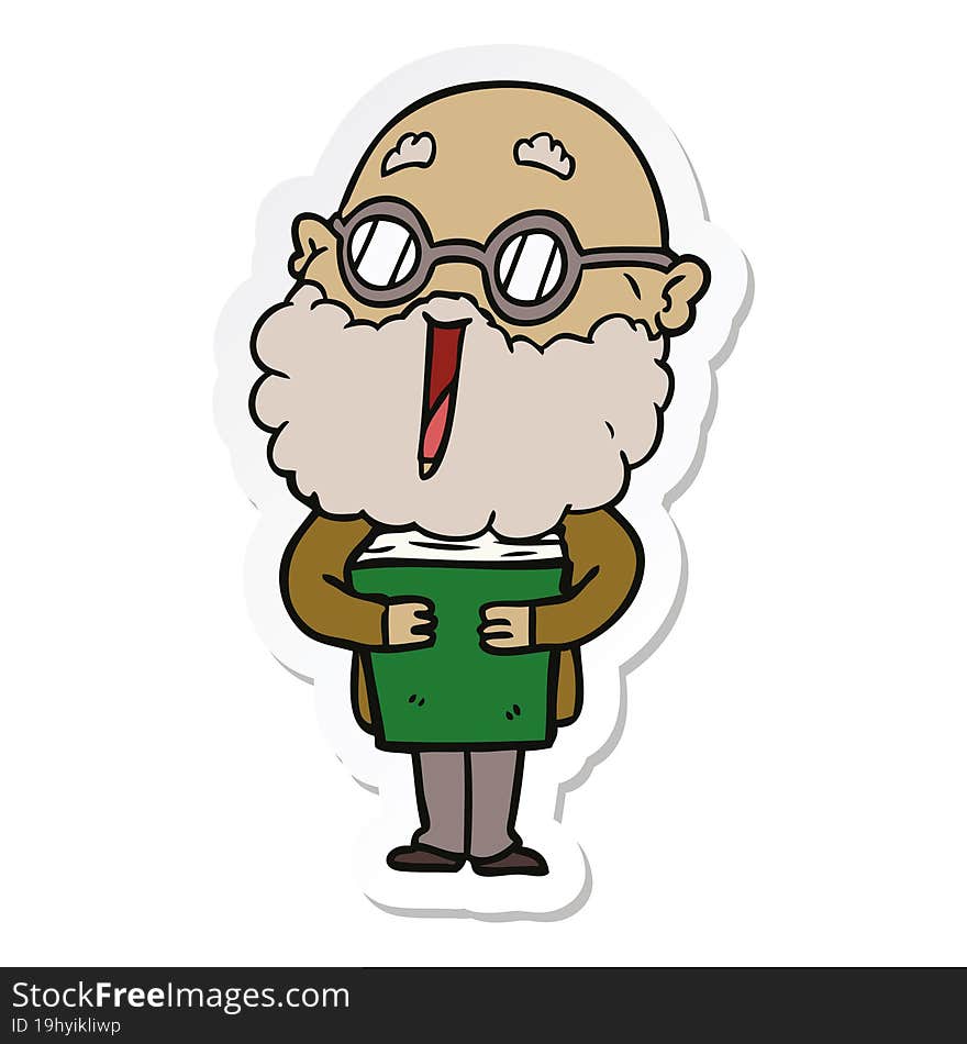 sticker of a cartoon joyful man with beard and book