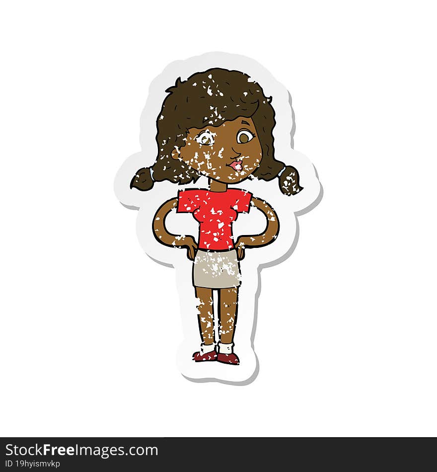 retro distressed sticker of a cartoon pretty girl with hands on hips