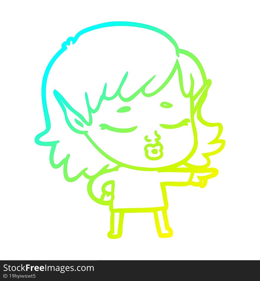 cold gradient line drawing pretty cartoon elf girl pointing