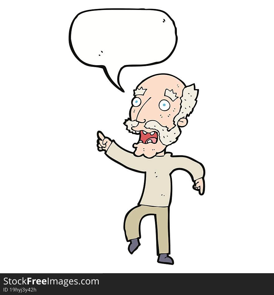 cartoon frightened old man with speech bubble