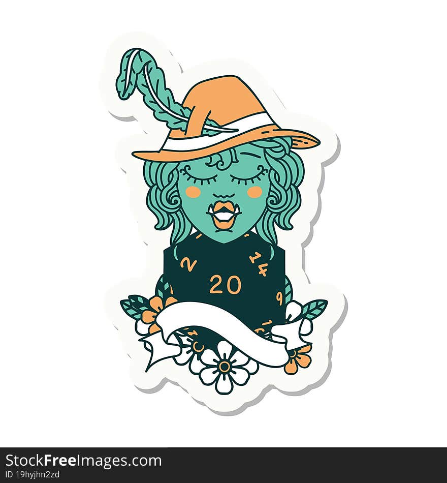 singing half orc bard character with natural twenty dice roll sticker