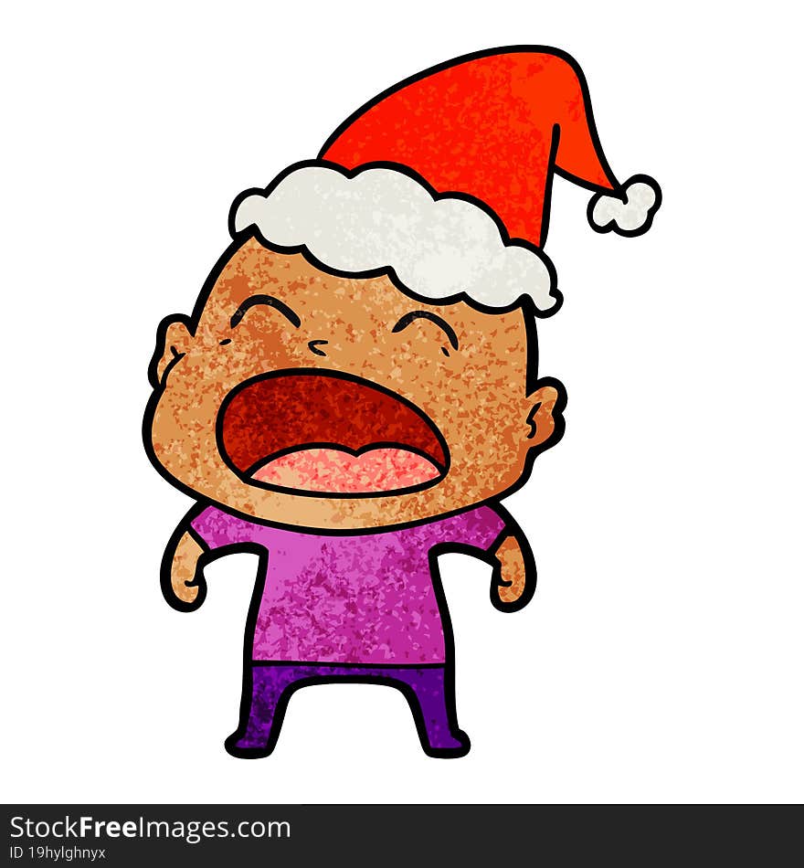 textured cartoon of a shouting bald man wearing santa hat