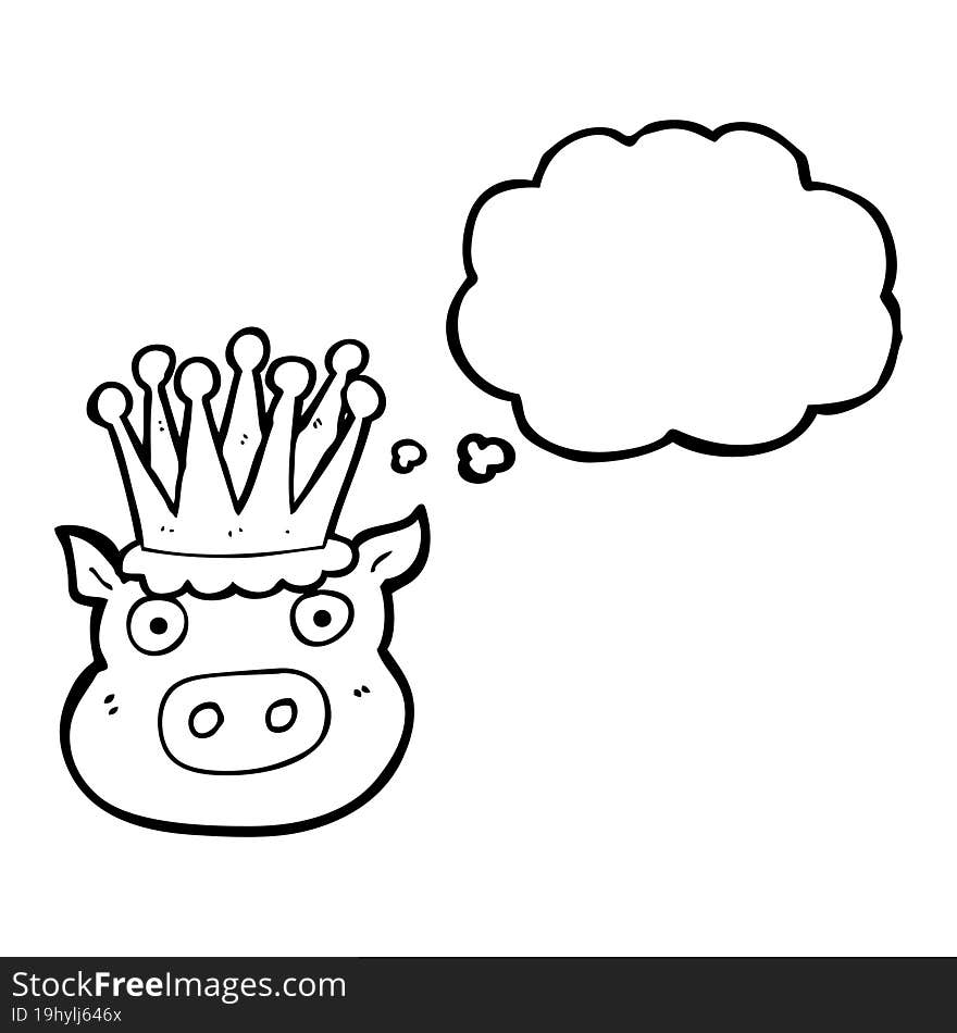 freehand drawn thought bubble cartoon crowned pig