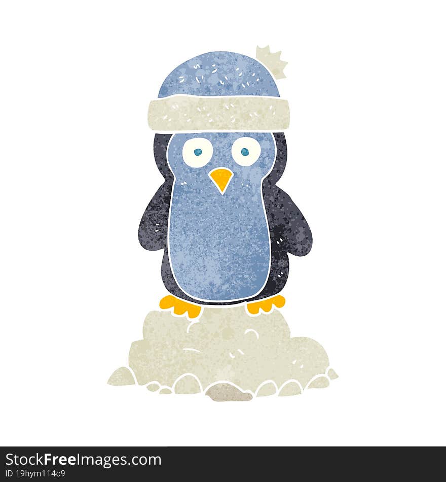 freehand retro cartoon penguin wearing hat