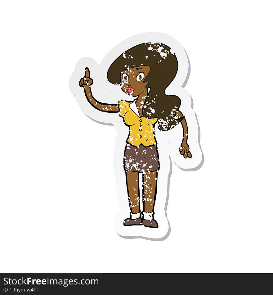 retro distressed sticker of a cartoon pretty woman with idea