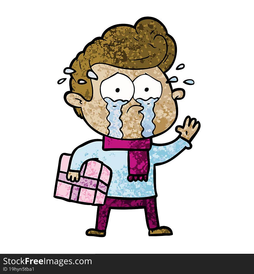 cartoon crying man with present. cartoon crying man with present