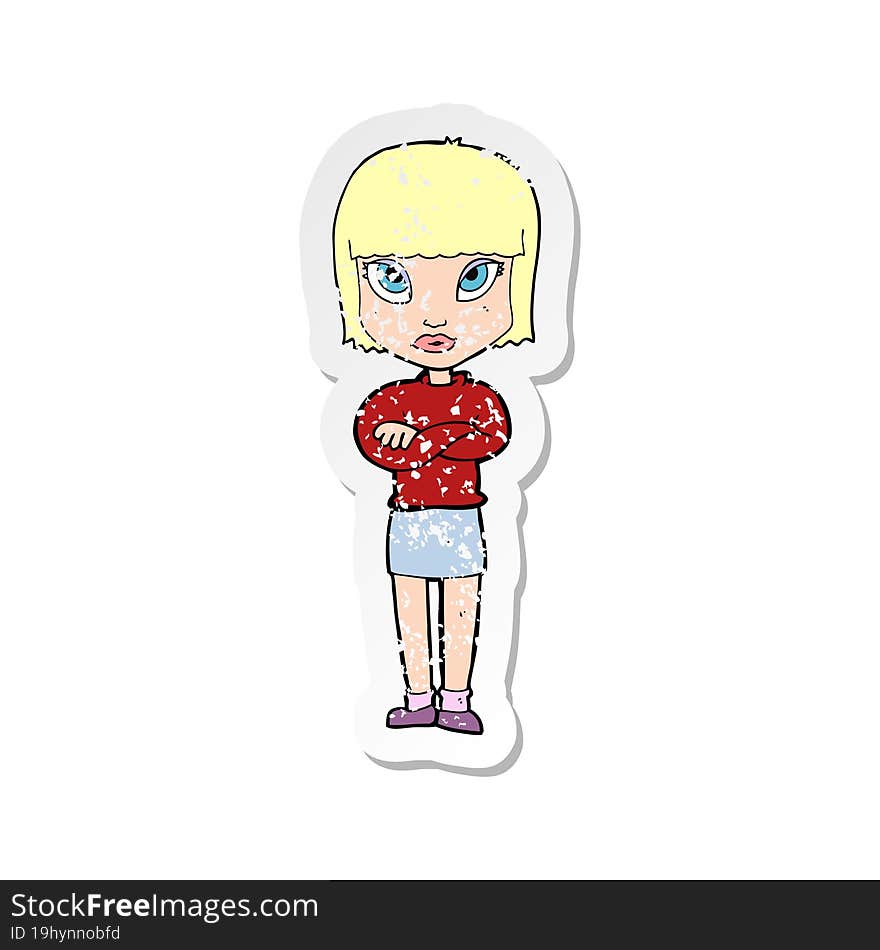 Retro Distressed Sticker Of A Cartoon Woman With Crossed Arms