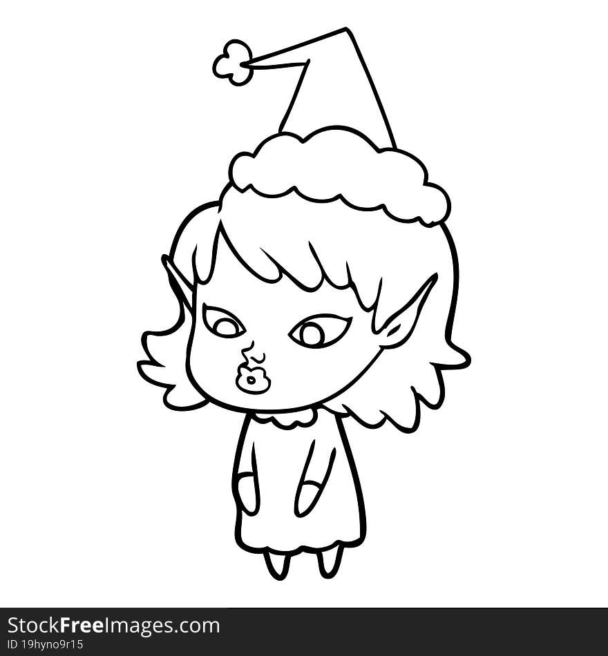 Line Drawing Of A Elf Girl With Pointy Ears Wearing Santa Hat