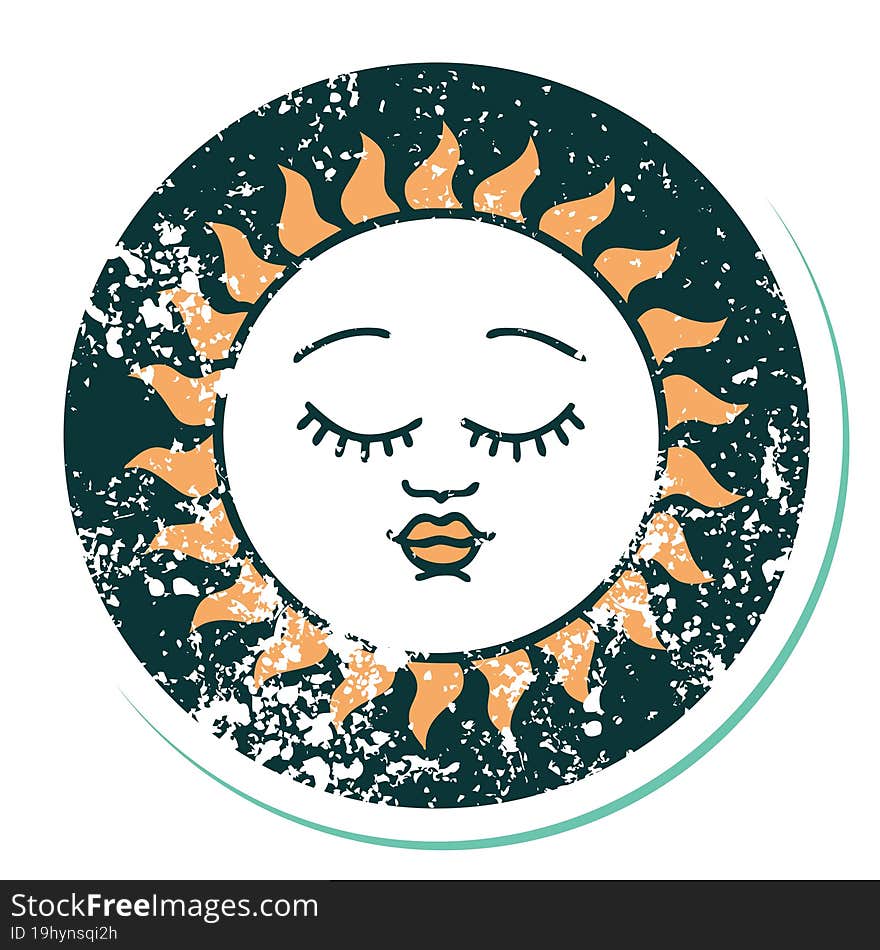 distressed sticker tattoo style icon of a sun with face