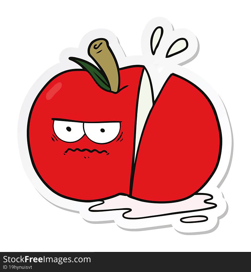 sticker of a cartoon angry sliced apple