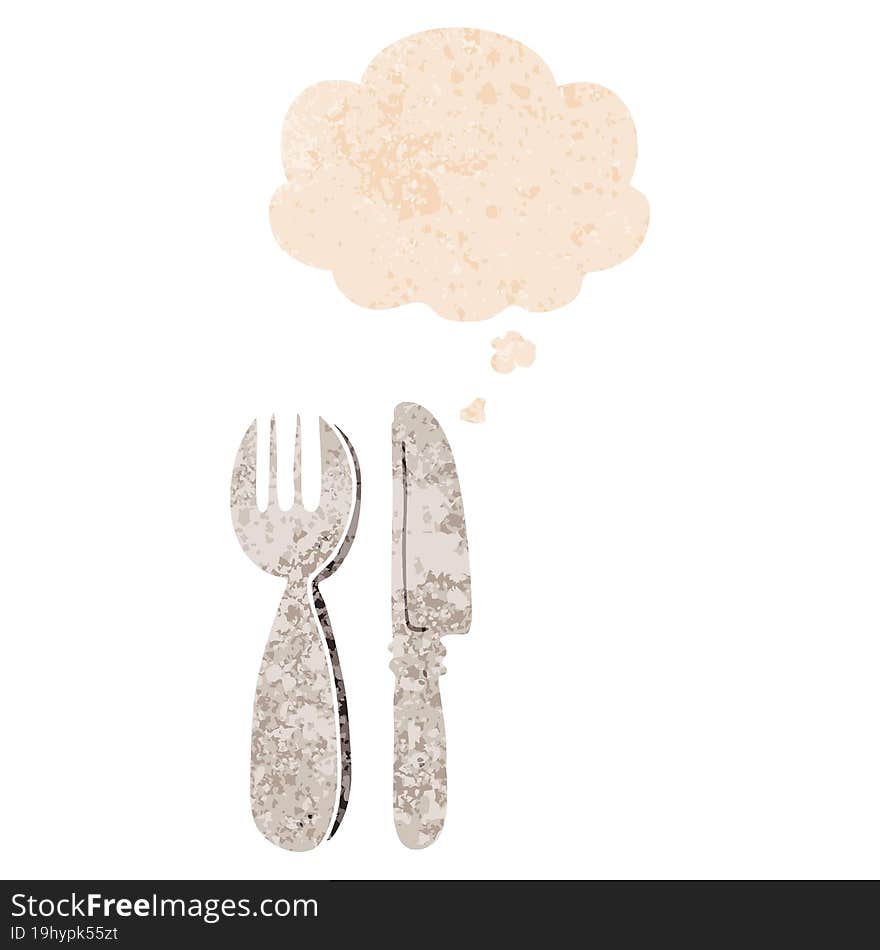 cartoon knife and fork and thought bubble in retro textured style