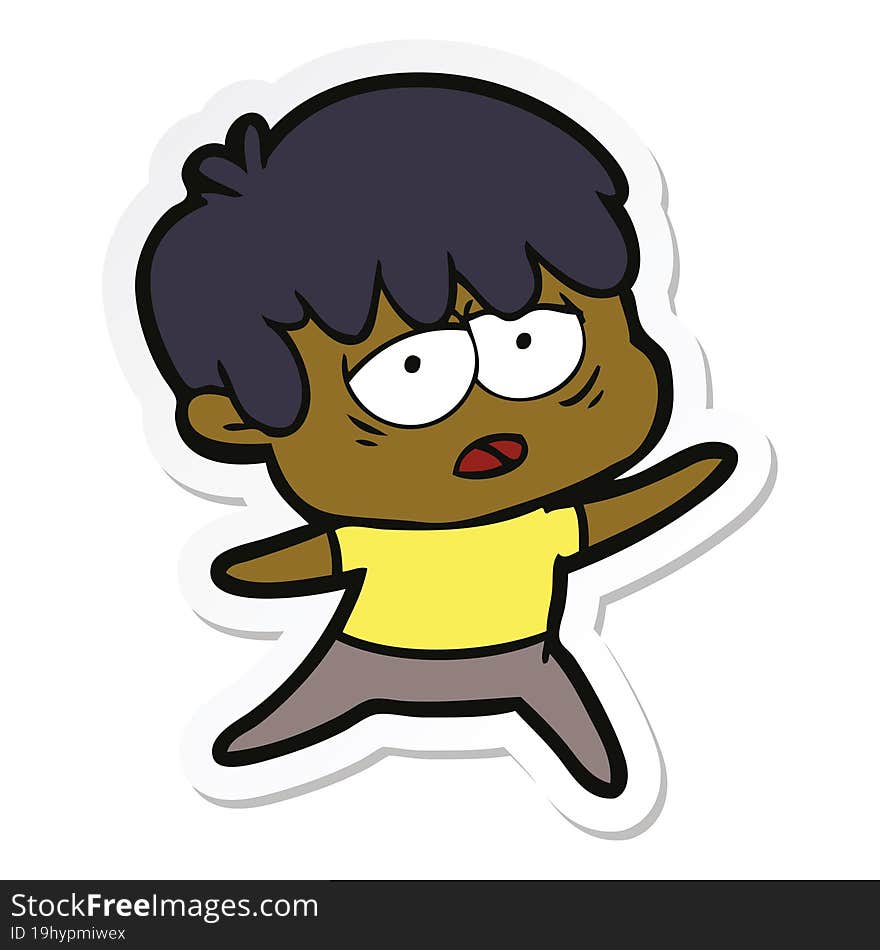 sticker of a cartoon exhausted boy