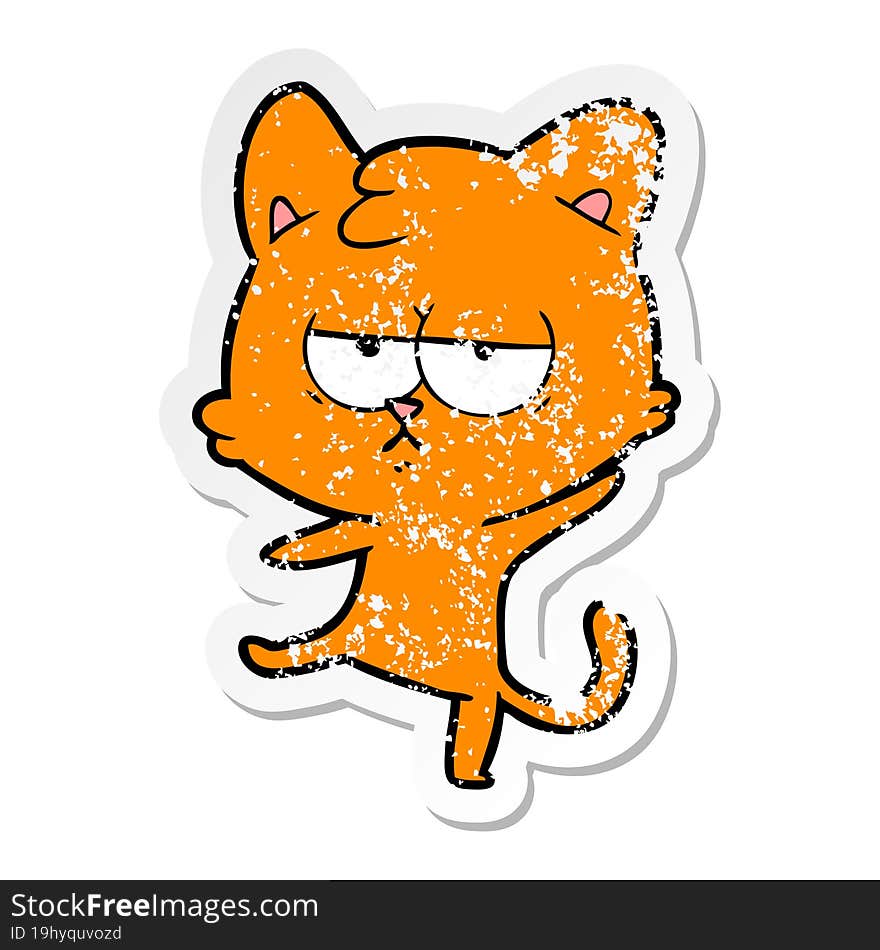 distressed sticker of a bored cartoon cat