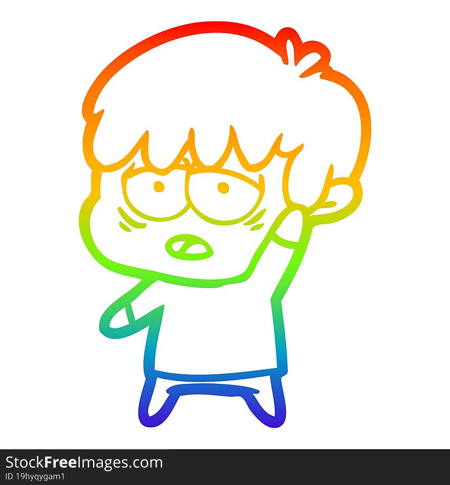 rainbow gradient line drawing cartoon exhausted boy