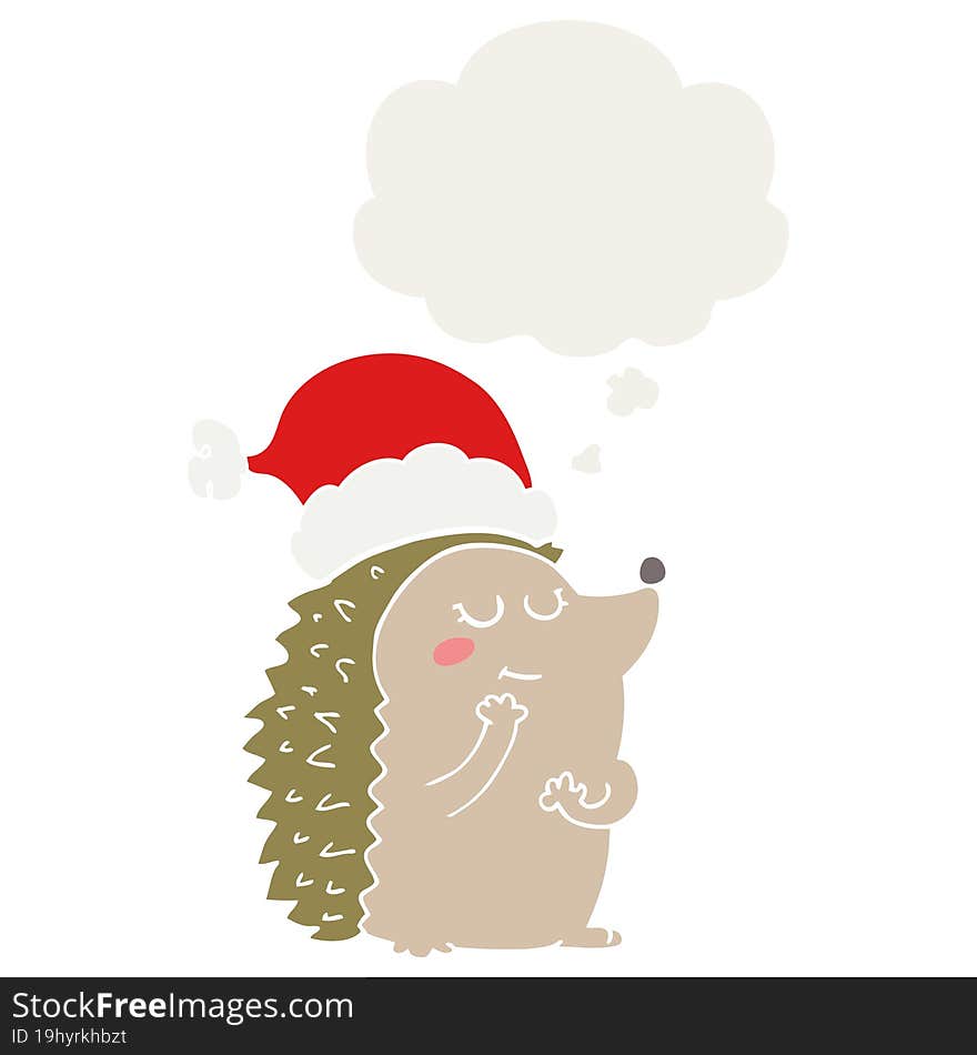 Cartoon Hedgehog Wearing Christmas Hat And Thought Bubble In Retro Style