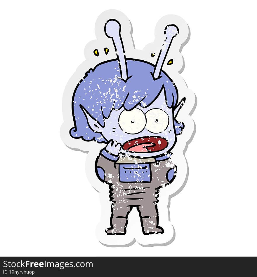 distressed sticker of a cartoon shocked alien girl