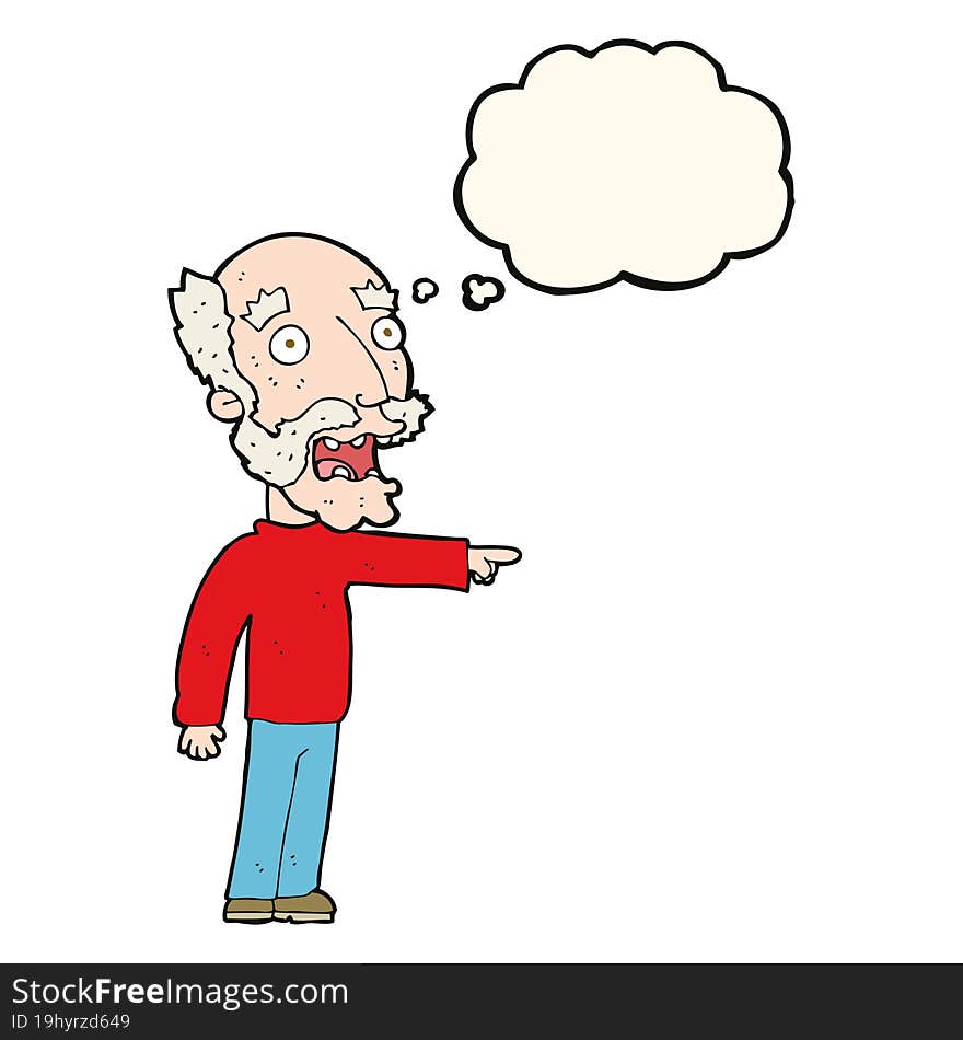 cartoon scared old man pointing with thought bubble