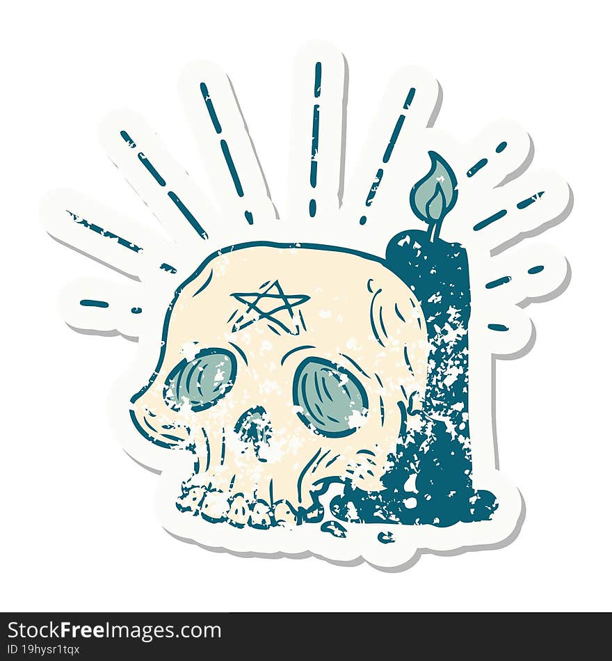 grunge sticker of tattoo style spooky skull and candle