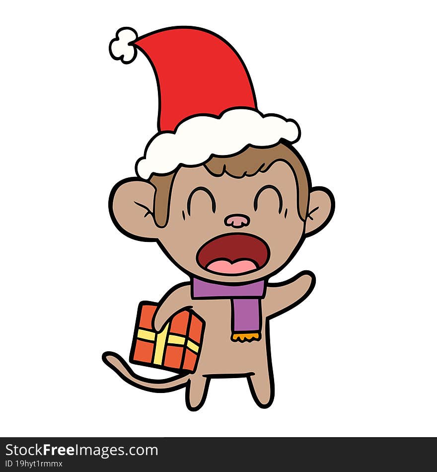 shouting line drawing of a monkey carrying christmas gift wearing santa hat