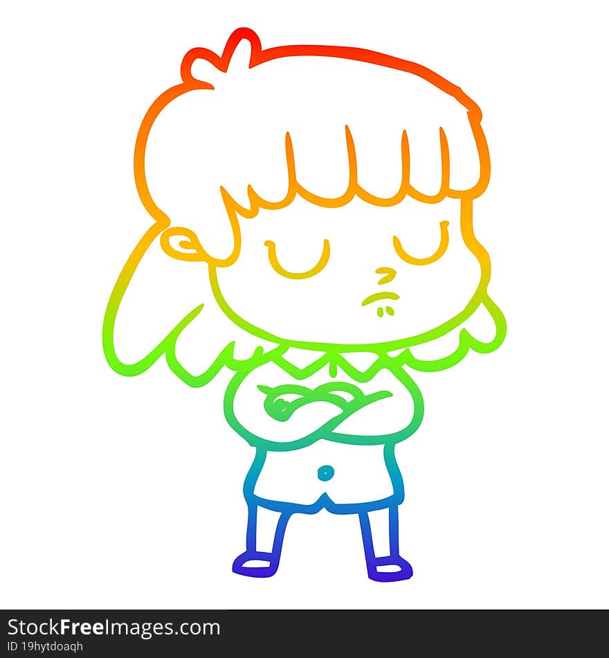 rainbow gradient line drawing of a cartoon indifferent woman folding arms