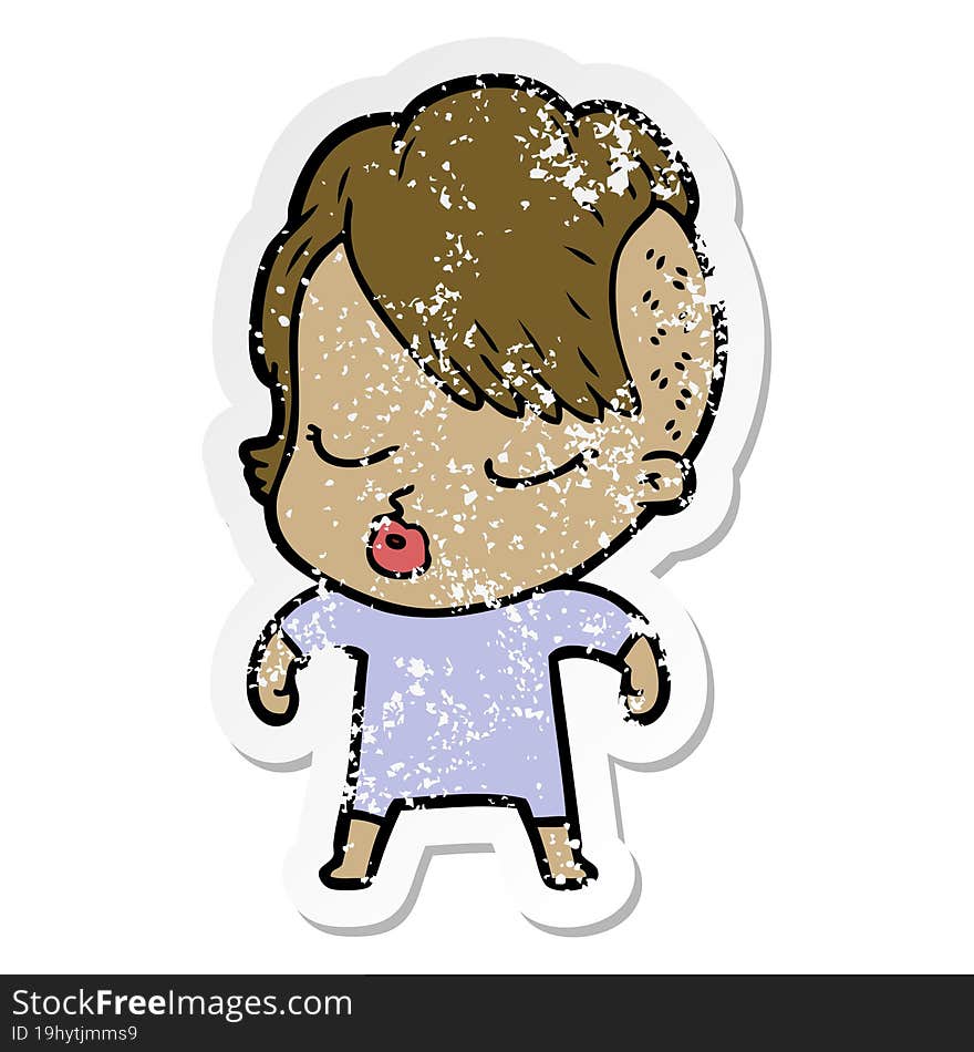 distressed sticker of a cartoon pretty hipster girl