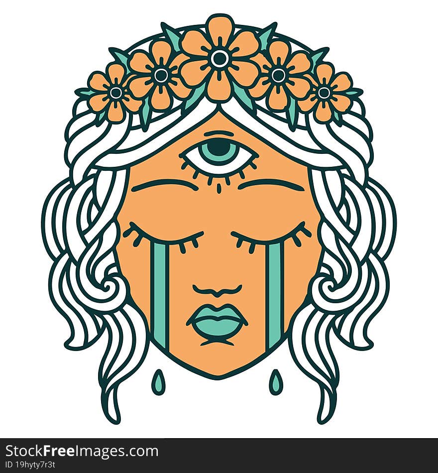 iconic tattoo style image of female face with mystic third eye crying. iconic tattoo style image of female face with mystic third eye crying