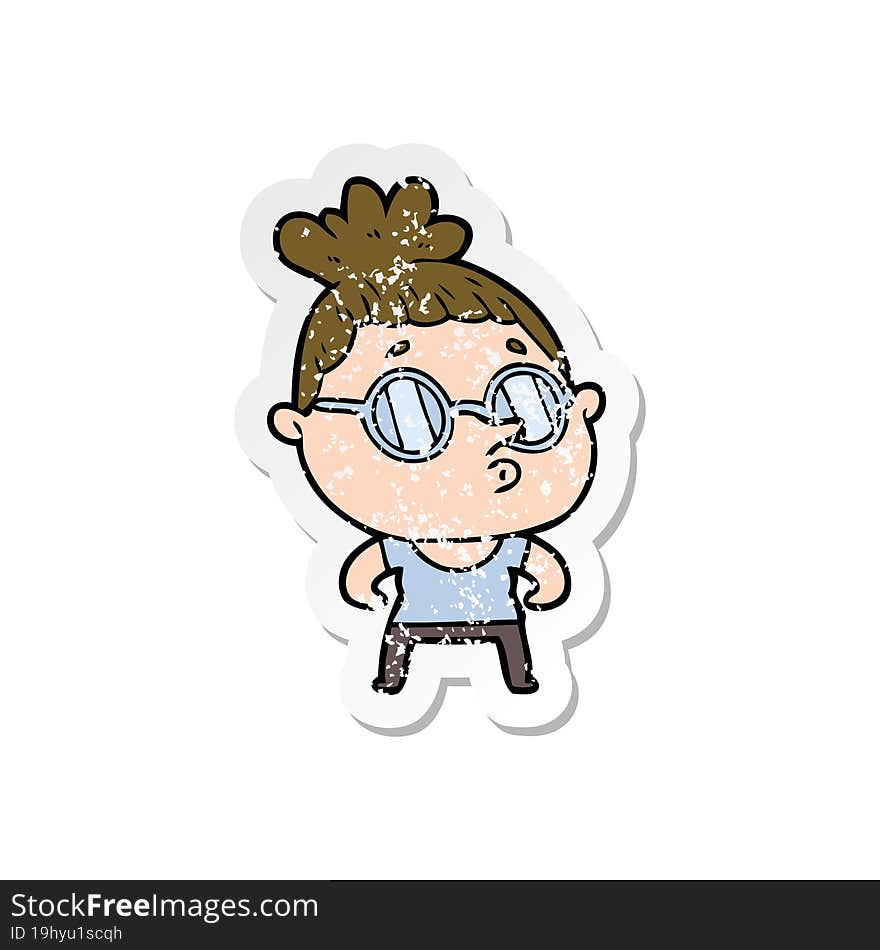 distressed sticker of a cartoon woman wearing glasses